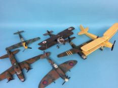 Six scratch built wooden World War I and World War II RAF and German war planes