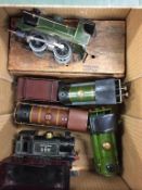 Five Hornby tin plate model trains etc., and a boxed Bowman model train