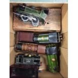 Five Hornby tin plate model trains etc., and a boxed Bowman model train