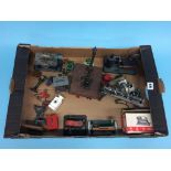 A tray of miniature engineering machinery to include a lathe, pillar drill, grinder, saw bench etc.