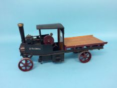 A steam driven flat bed wagon 'D. Russell', 40cm length