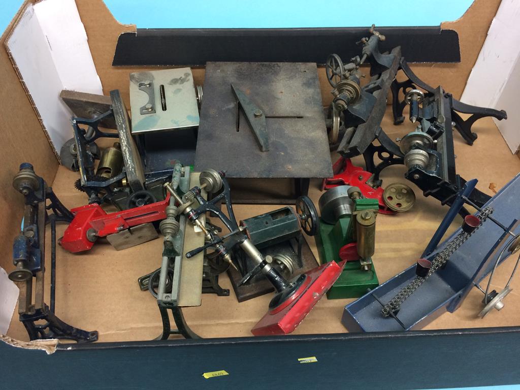 A box of miniature engineering machinery to include; lathes, wood saw, grinder, pillar drills etc. - Image 2 of 2