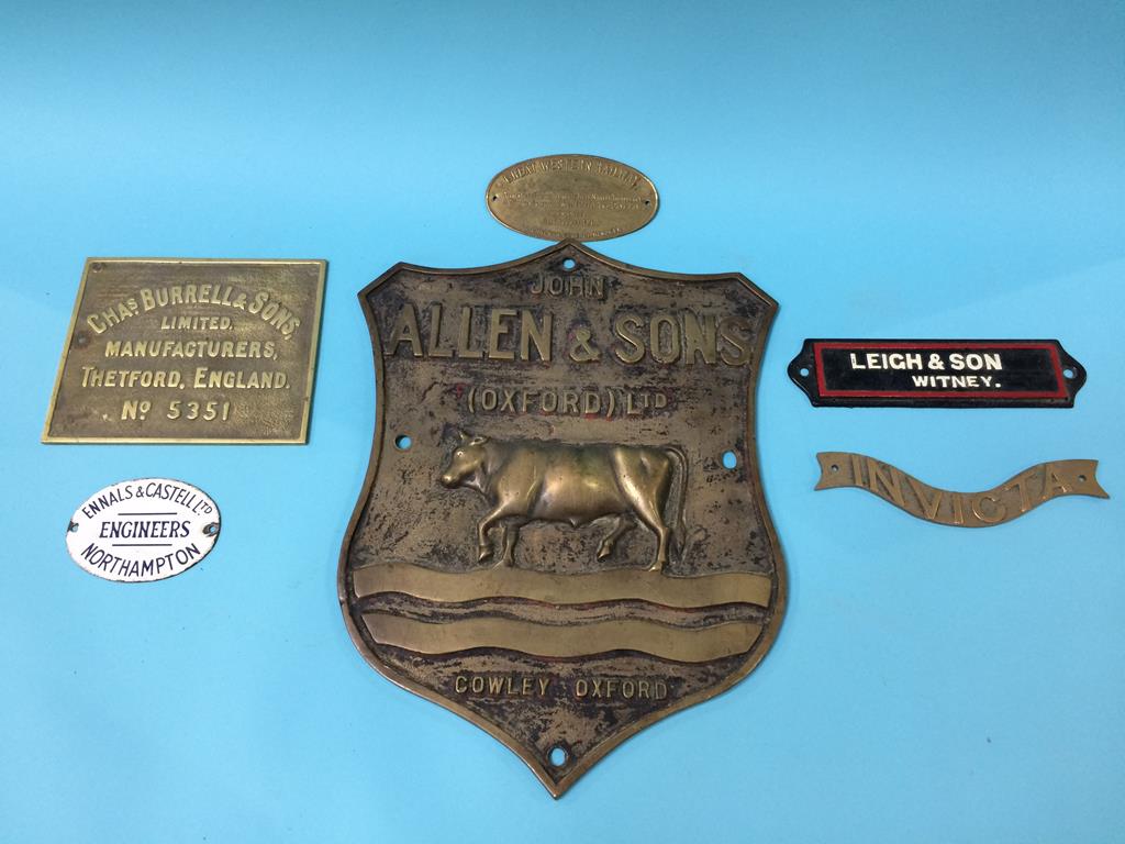 A large brass Allen and Son plaque and various others, to include Burrell and Son, Invicta etc.