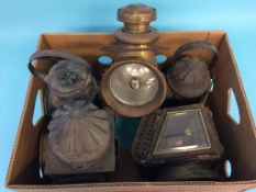 A box containing five various railway lamps etc.