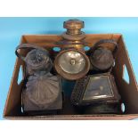 A box containing five various railway lamps etc.