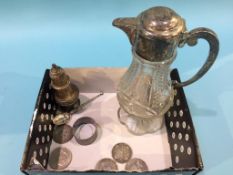 Sterling' mounted jug, silver pepper pot etc.