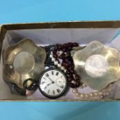 Two silver dishes, pocket watch, amber coloured beads etc.