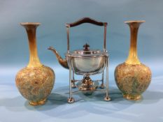 A plated spirit kettle and pair of Royal Doulton vases