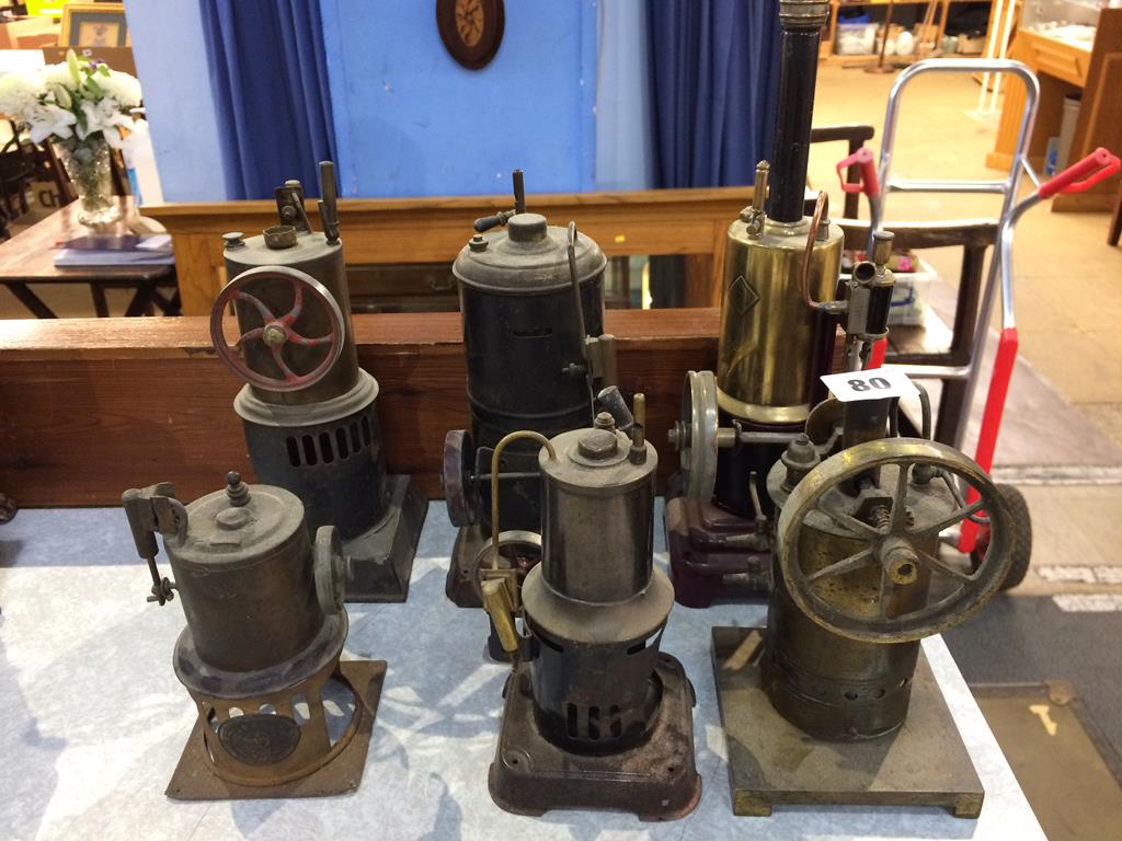 Six tin plate model vertical engines