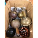 A box of four Nautical lamps and glass floats