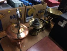 Brass scales and a copper tea pot