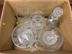 A box of assorted glassware, to include decanter etc.