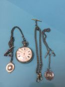A silver pocket watch and three Alberts