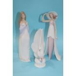 A Lladro figure of a Dove, a Lladro figure of a girl holding her hat and a Nao figure (3)
