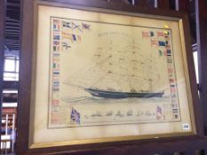 A 19th Century watercolour of a Schooner and various flags, in oak frame, 75cm x 62cm (frame)