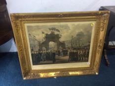 Print 'The landing of Queen Victoria at Aberdeen' after P. Cleland, in gilt frame. 96cm x 80cm (