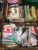 Two boxes of football programmes etc.