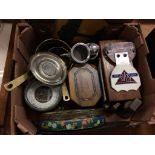 A box of assorted, to include a silver ash tray and pepper pot etc.