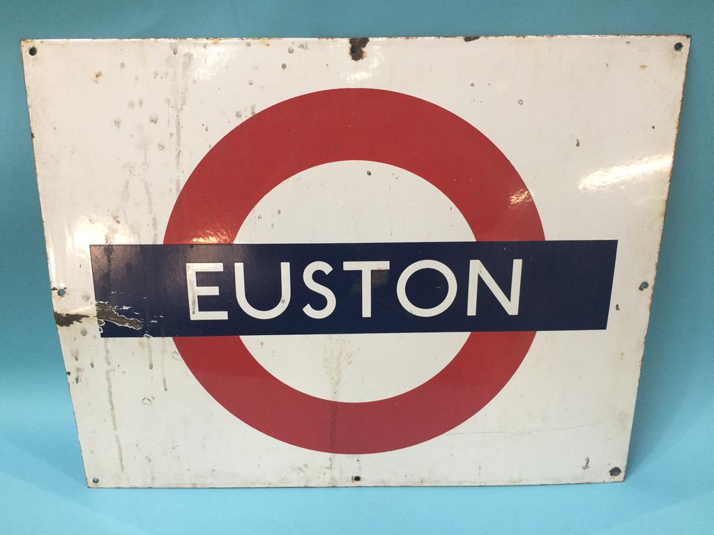 A vintage enamel London underground roundel, Euston, 71cm x 55cm