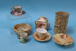 Six pieces of Royal Worcester porcelain, various and five decorative coffee cans and saucers