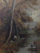 An oil on canvas, unsigned 'Couple Boating on Riverside', 52cm x 34cm