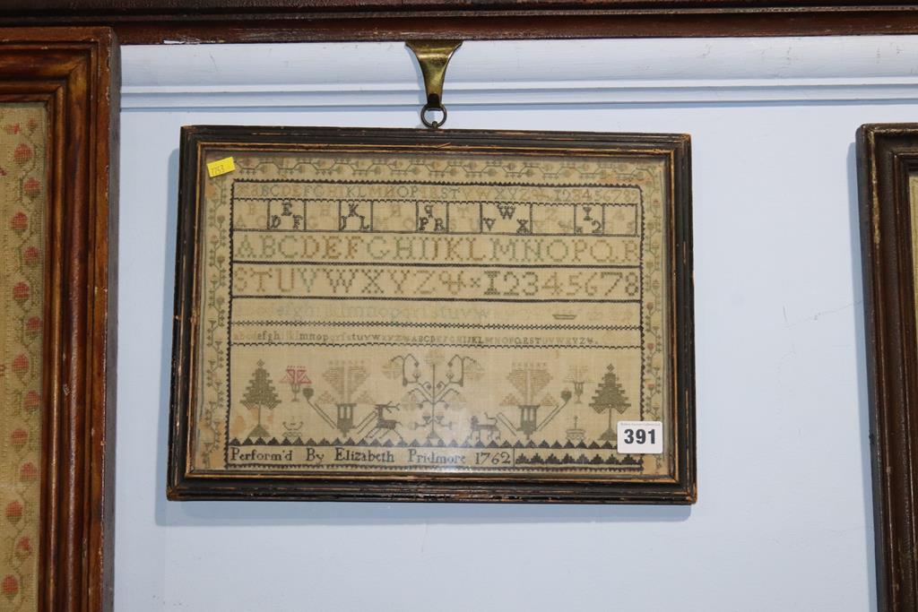 Sampler by Elizabeth Pridmore, 1762, 23cm x 33cm