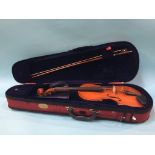A modern Chinese violin, bow and soft case