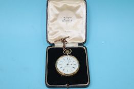 An 18ct gold pocket watch, dial signed, centre second chronograph, J. W. Hoffman, South Shields