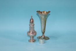 A silver sugar sifter, spill vase and a napkin ring