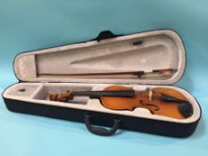 A modern Chinese violin, bow and hard case