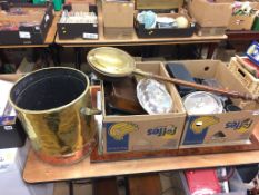 Two boxes, to include silver plate, coal bucket and a mirror etc.