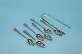 A set of five Georgian teaspoons and sugar nips, by John Langland's and one by Thomas Watson, 3.6