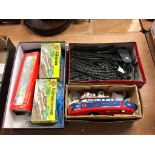 A quantity of Hornby railway etc., and a tin plate boxed 'Catish' tug boat (battery operated)