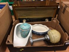 A box of assorted, to include a tea caddy and a radio