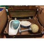 A box of assorted, to include a tea caddy and a radio