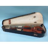 A violin and hard case (no label), 35cm (length of back)