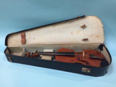 A violin and hard case (no label), 35cm (length of back)