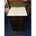 A walnut and white veined marble top bedside cabinet, 40cm width