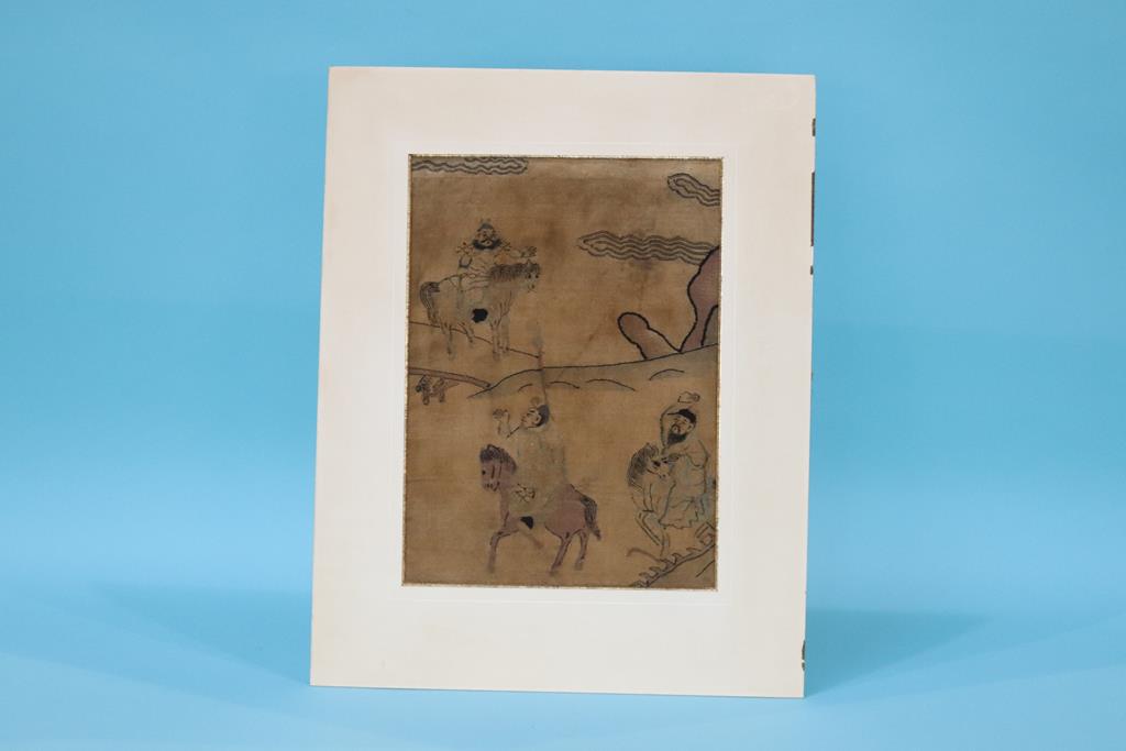 A mounted silk panel, 31cm height x 24cm width approx. (without frame)