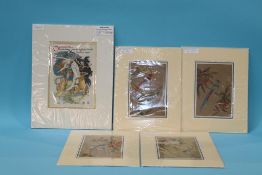A collection of Oriental watercolours, on silk and a print (5)