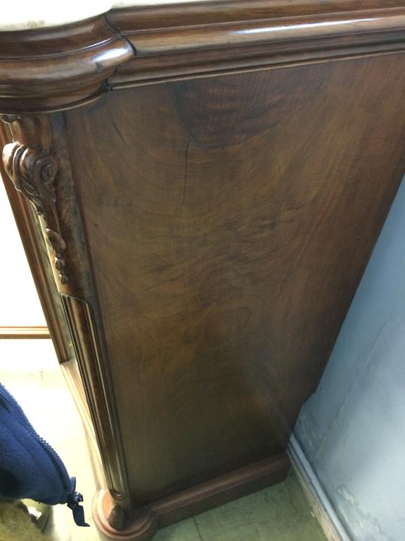 A Victorian marble top walnut three door side cabinet, the white marble top below three glazed - Image 19 of 25
