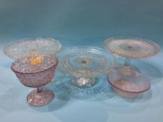 Three cake stands and two pieces of flint glass