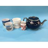 A Royal Crown Derby jug, a tea pot and various mugs