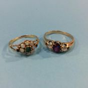 An opal and emerald ring and a diamond and amethyst ring, marked 15ct