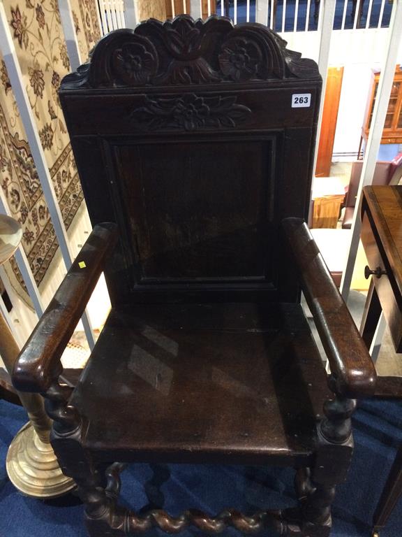 Am antique oak carved and barley twist Wainscot style armchair