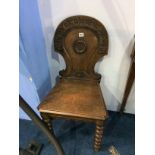 A pair of Victorian oak hall chairs, on bobbin turned legs