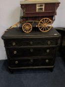 A pair of distressed pine and painted bedside chests, with three long drawers. 83cm wide