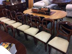 Two sets of eight Victorian mahogany dining chairs, with drop in seats, supported on turned tapering