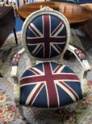 A cream painted French style armchair, with Union Jack upholstery