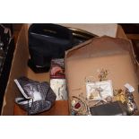 A box of costume jewellery to include binoculars